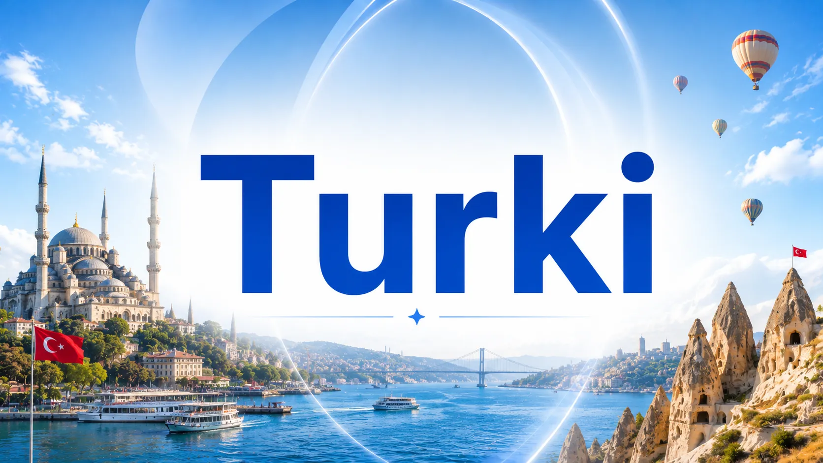 Banner promosi liburan ke Turki dari Ambassador Travel dengan latar belakang pemandangan ikonik landmark Turki dan balon udara di langit biru.