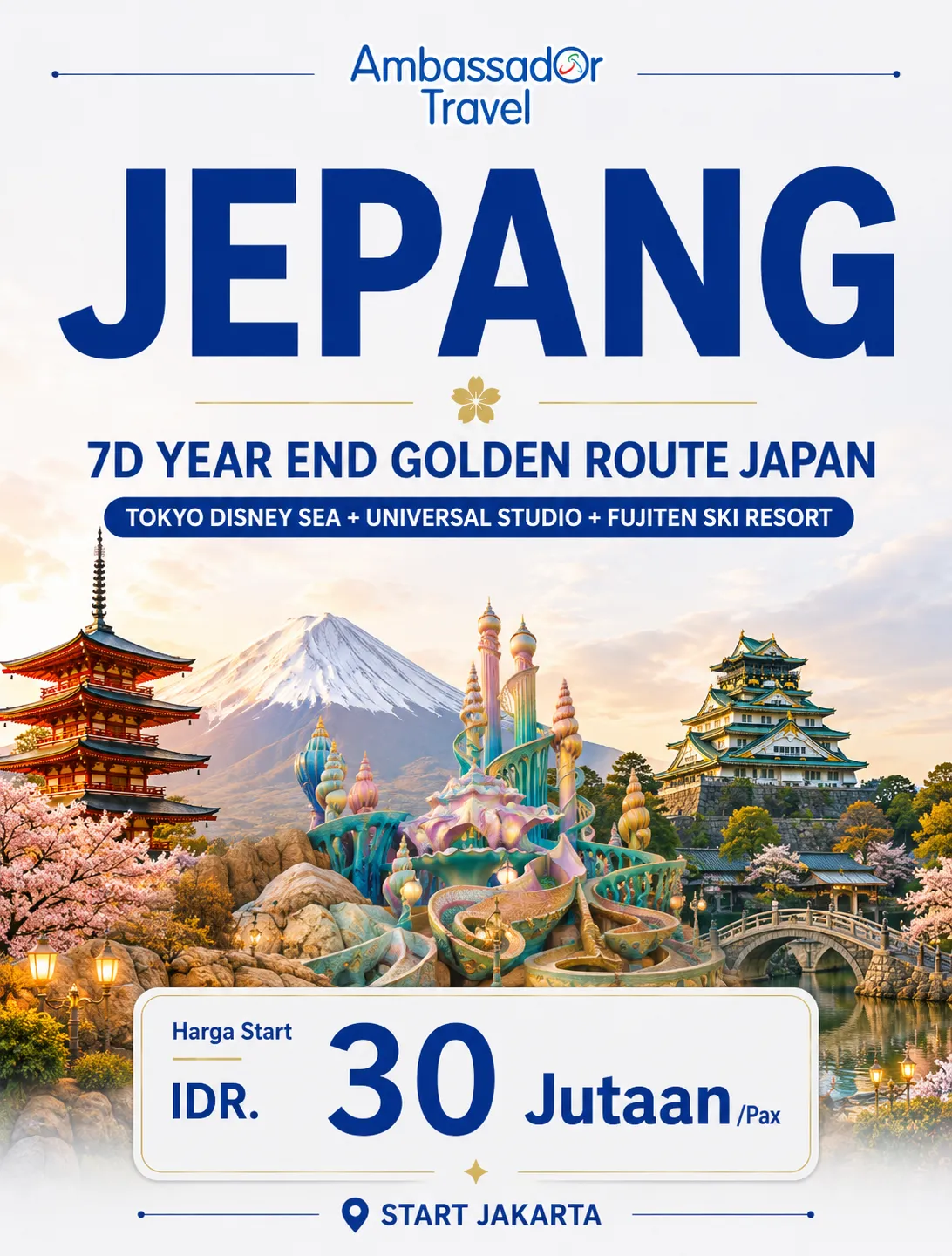 Paket Tour Jepang | &D Year End Golden Route Japan | Tokyo Disney SEA Universal Studio Fujiten Ski Resort | Ambassador Travel